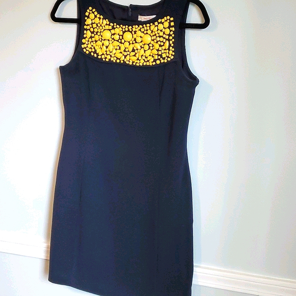Navy shift dress with beaded neckline